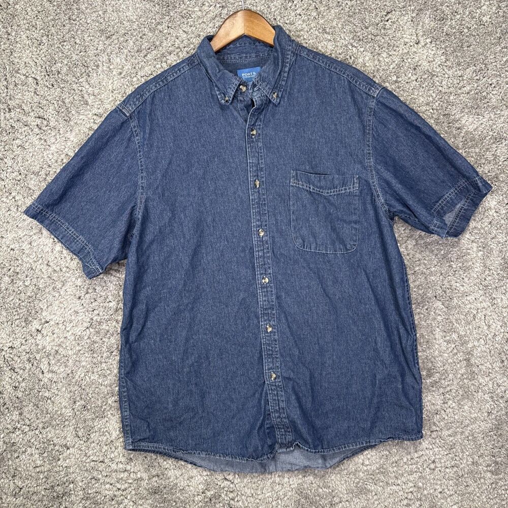 Port & Company Men’s Denim Shirt Short Sleeve Button Down Large Dark Wash Pocket